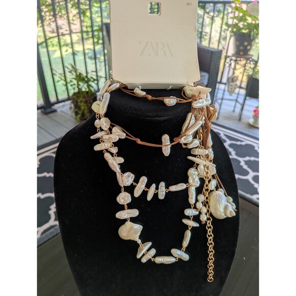 ZARA Belts Women's 2 pack Faux Pearl Shells Cord & Chain Boho Beach Hipster NEW - Picture 1 of 15